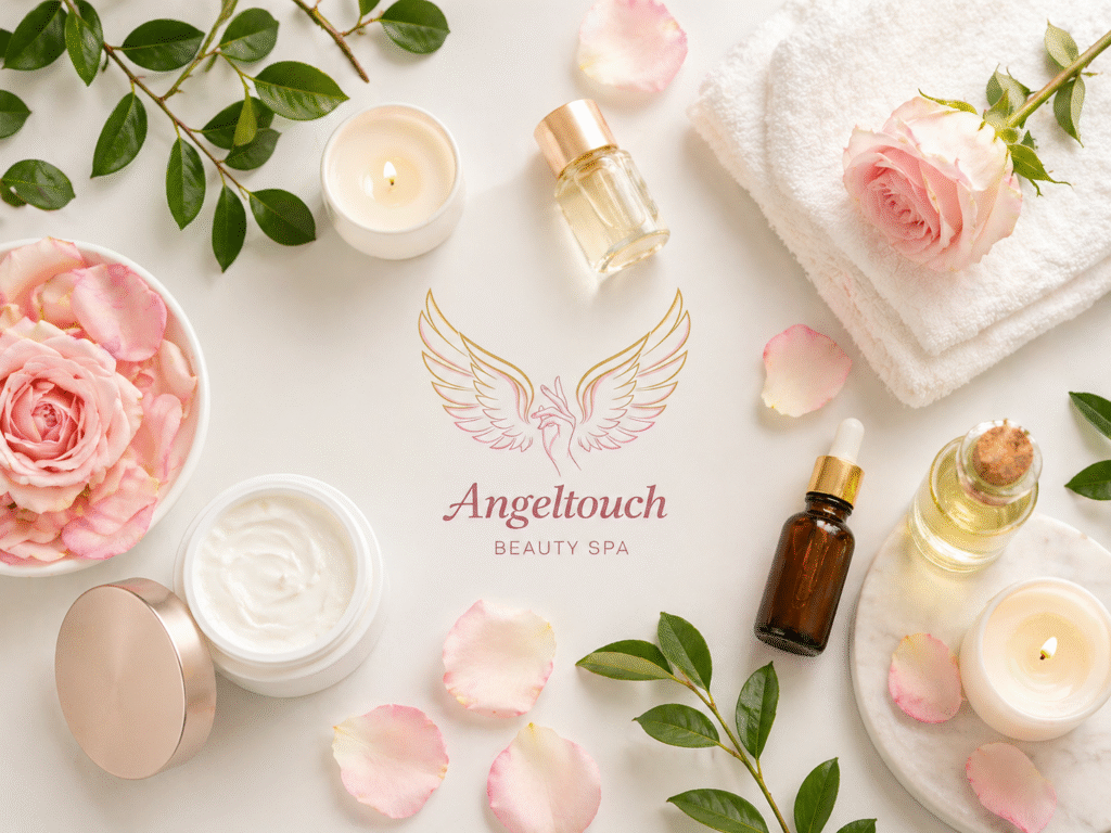Spa flat lay with creams, candles, rose petals, and angeltouch beauty spa logo on a clean light background