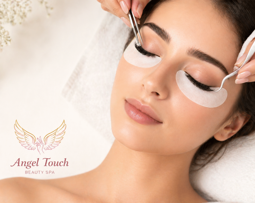 eyebrow & lash treatments Old Hill Women with closed eyes relaxing during a spa , showing natural skin texture. defined eyebrows, and soft lighting with angeltouch beauty spa logo in corner