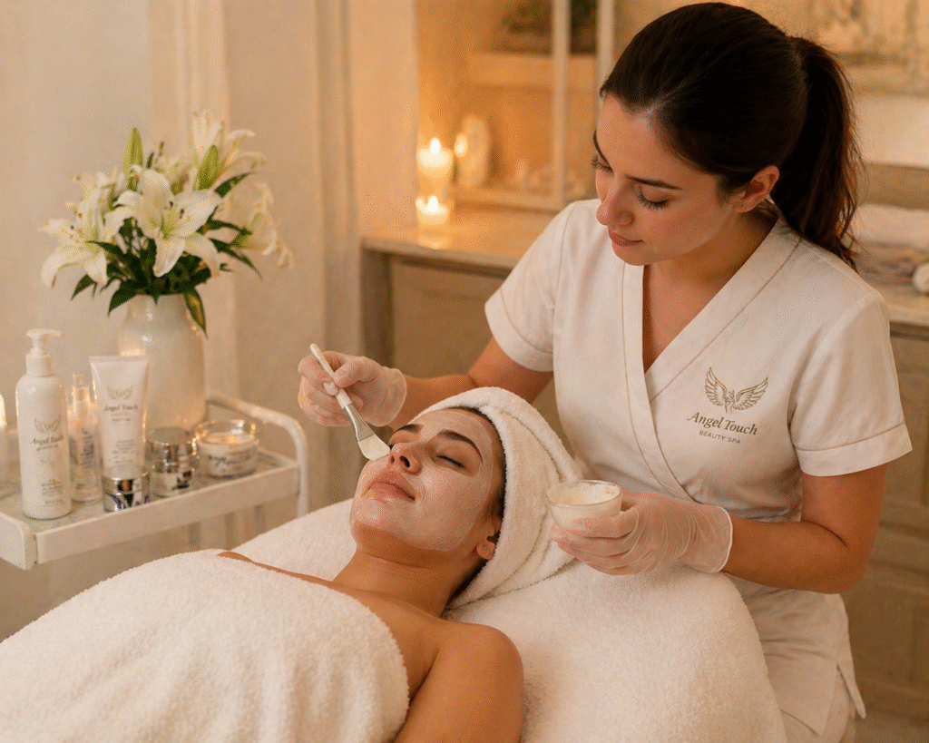 Beautician giving facial treatment client spa bed Facial treatments old hill AngelTouch beauty spa