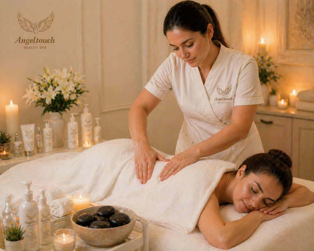 Hot stone massage therapy Old Hill, professional therapist placing warm stones on client’s back, luxury spa setting with candles, towels, and relaxing environment.