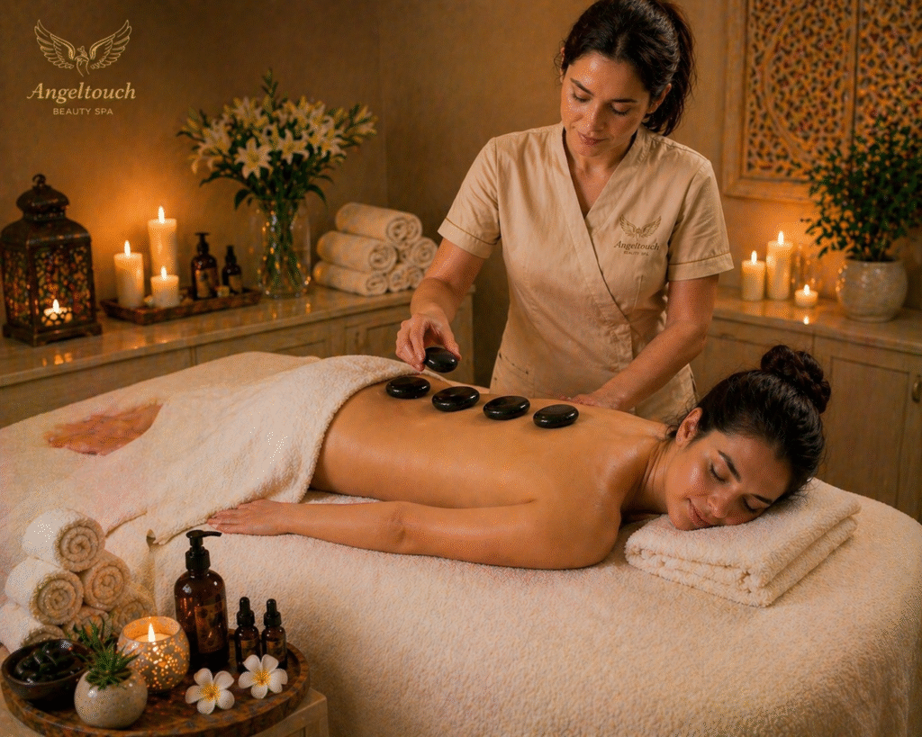 Hot stone massage therapy Old Hill, therapist placing warm stones on client’s back, client lying relaxed in luxury spa setting with candles, towels, and essential oils.