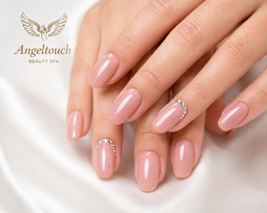 Perfect glossy gel nails close-up for nail manicure & pedicure treatments Old Hill, nude pink professional finish, clean shaped nails on white background with luxury salon look.