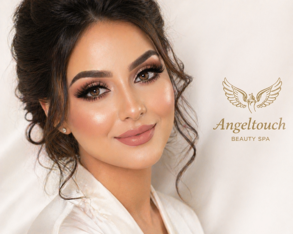 Beautiful woman with flawless bridal makeup for professional makeup services Old Hill, glowing skin, defined brows, bold lashes, and perfect lip color in clean studio background