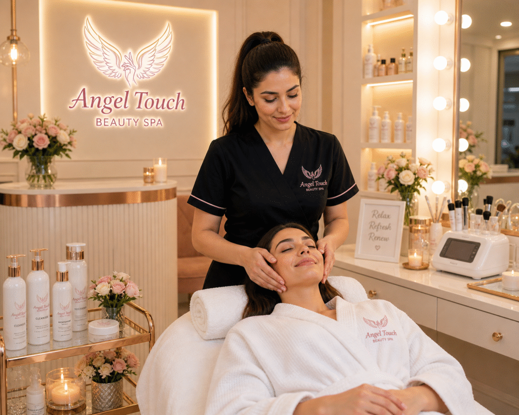 Luxury spa interior showing therapist and client for beauty services Old Hill, professional facial treatment in clean cream and rose gold salon environment.
