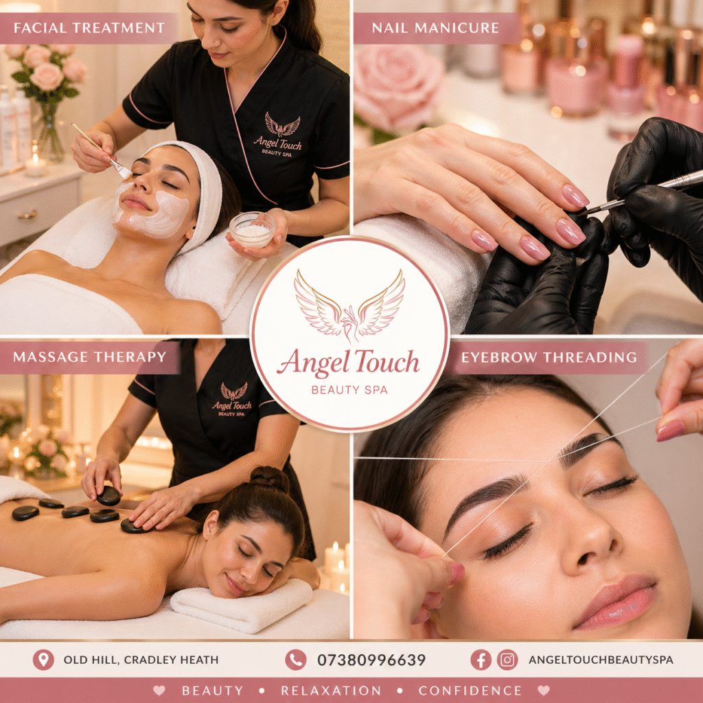 Collage of beauty services Old Hill including facial treatment, nail manicure, massage therapy, and eyebrow threading in a professional spa setting.