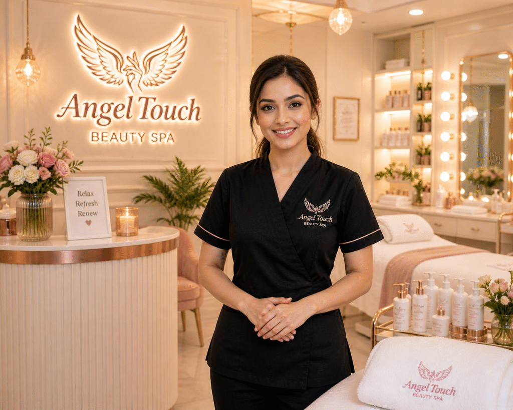 Professional consultation at beauty salon Old Hill, therapist examining client’s skin in clean luxury spa environment with skincare products.