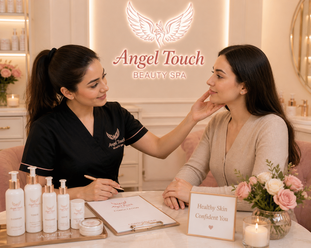 Professional consultation at beauty salon Old Hill, therapist examining client’s skin in clean luxury spa environment with skincare products.